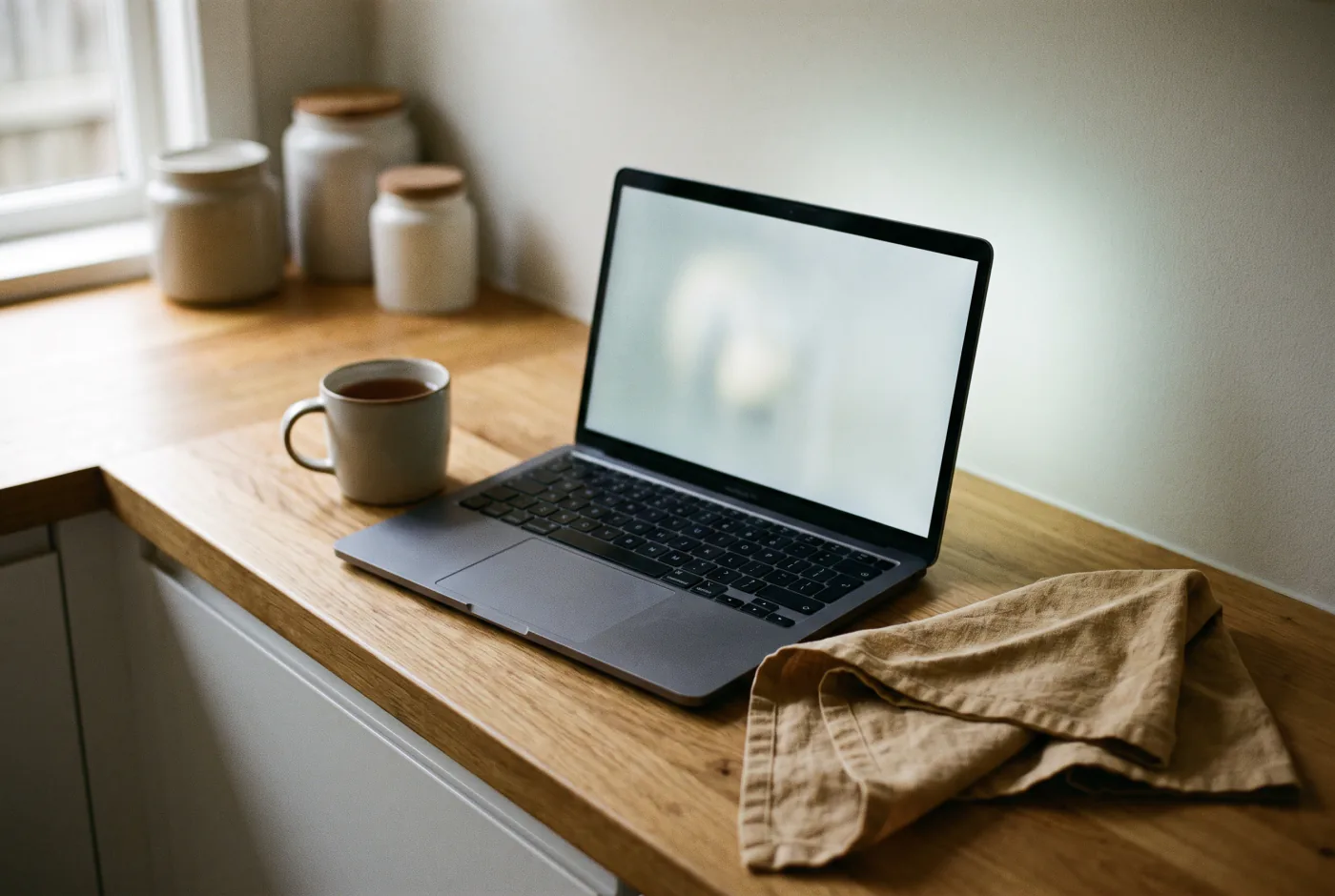 A person choosing a blind fabric on a laptop at a kitchen bench